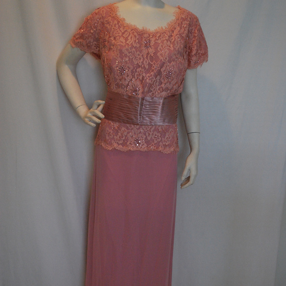 Long Pink Mothers Gown Lace Chiffon Satin Trim SS - Picture 2 of 8